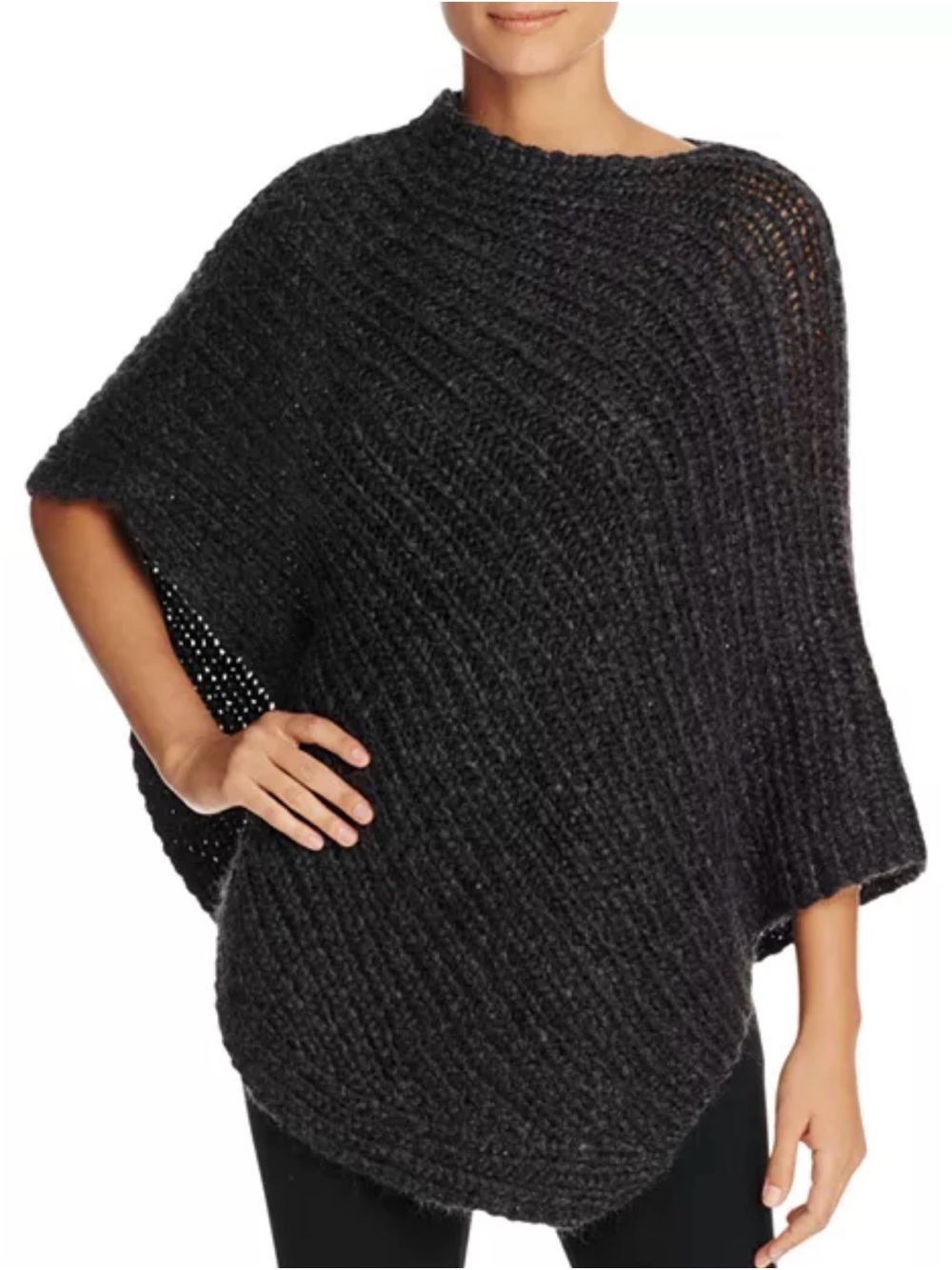 Eileen Fisher Asymmetric Ribbed Poncho OS Gray Mohair Merino Wool Chunky Knit